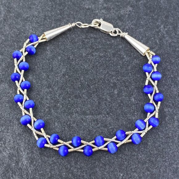Sterling Liquid Silver 925 Cone Braided Blue Synthetic Cat's Eye Bracelet 7.25" - Picture 1 of 5